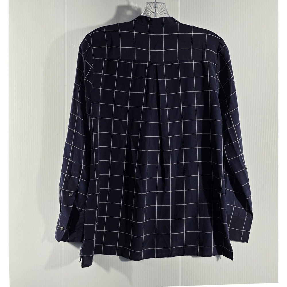 Madewell Navy Silk Windowpane Lace Up Blouse F5658 Womens XS Grid Long Sleeve - Picture 4 of 8